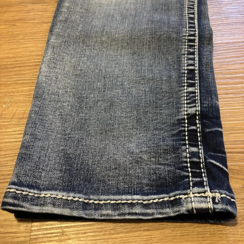 True Luck Jeans Mens 34x30 Dark Distressed Wash Straight Leg Red Stitching Faded